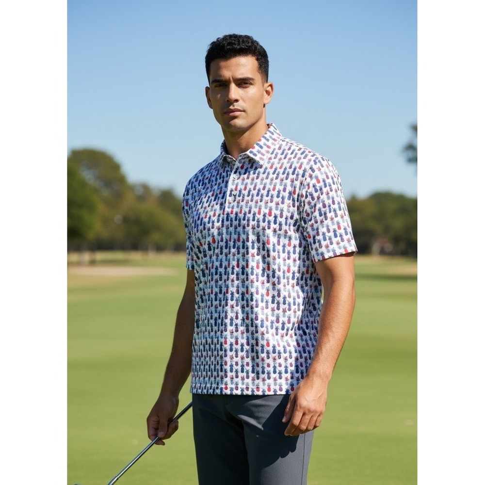 Tailorbyrd Pineapple Print Golf‎ Polo Shirt M White SPF 30 Quick Dry Athleisure